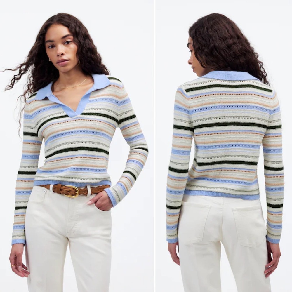 Madewell Textural Stitch‎ Johnny Collar Sweater M collared knit top stripes